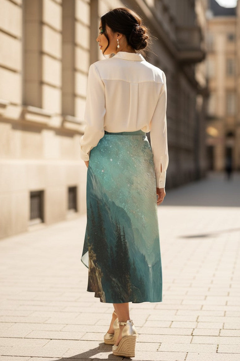Woman in a white blouse and teal skirt walking down a sunlit street.