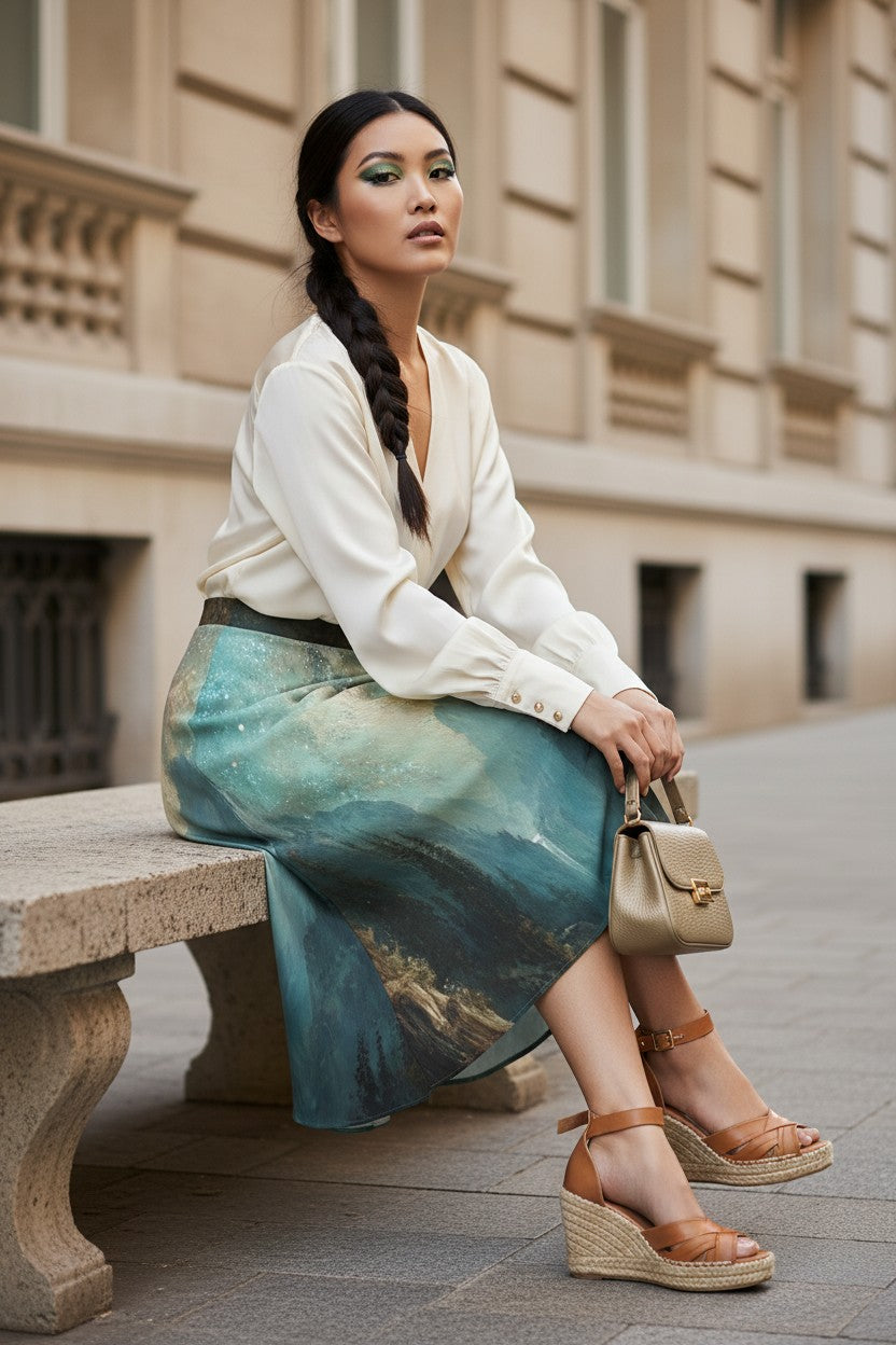 Woman sitting on a bench wearing a white blouse and teal skirt with a gold handbag.