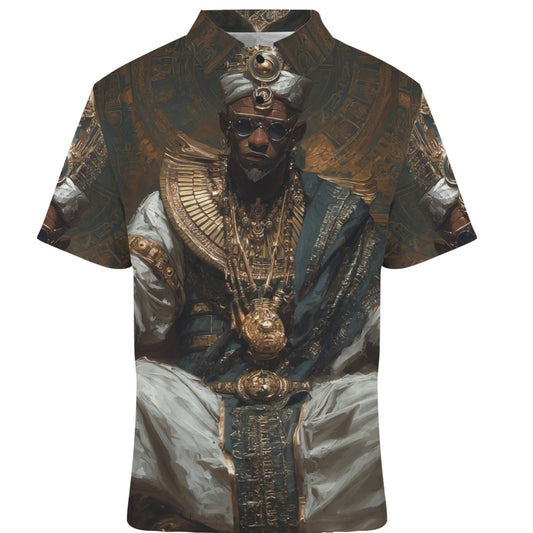 T-shirt with a design of a person in regal attire on a white background
