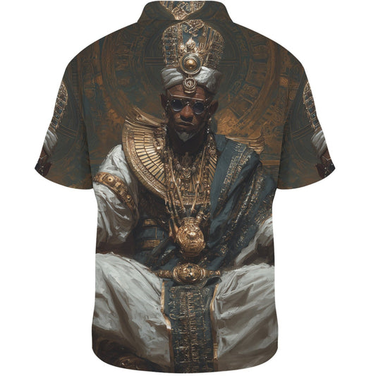 Short-sleeve shirt with a design of a person in regal attire on a white background