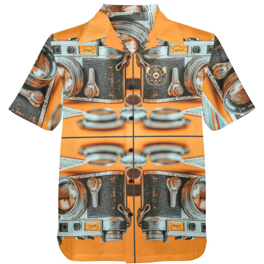 Short-sleeve shirt with vintage camera pattern on an orange background