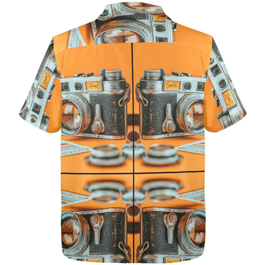 Shirt with vintage camera design on an orange background