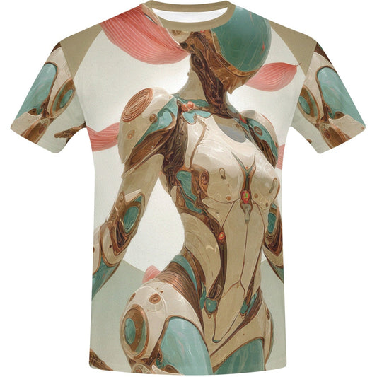 T-shirt with a colorful abstract design on a white background