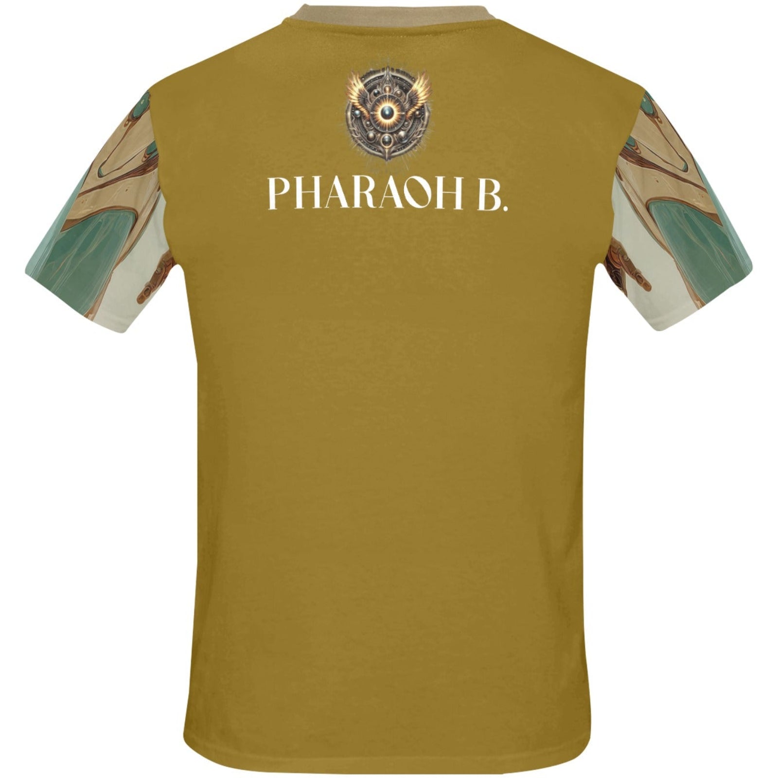 Gold t-shirt with 'PHARAOH B.' branding on a white background