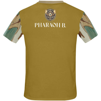 Gold t-shirt with 'PHARAOH B.' branding on a white background