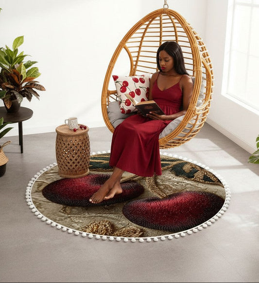 Woman in a red dress sitting in a wicker chair reading a book in a room with plants and a round rug.