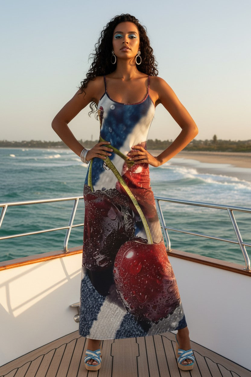 Woman holding a large cherry on a boat with ocean and beach in the background