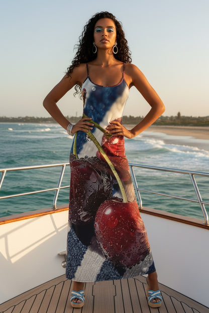 Woman holding a large cherry on a boat with ocean and beach in the background
