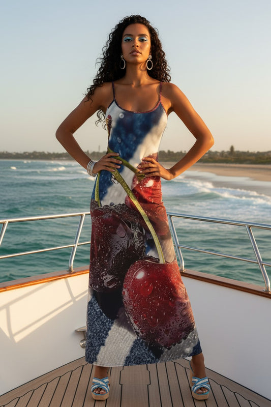Woman holding a large cherry on a boat with ocean and beach in the background
