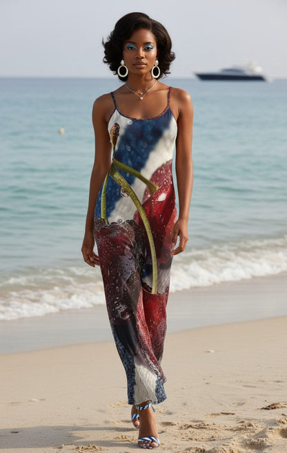 Woman in a colorful dress standing on a beach with ocean and boat in the background