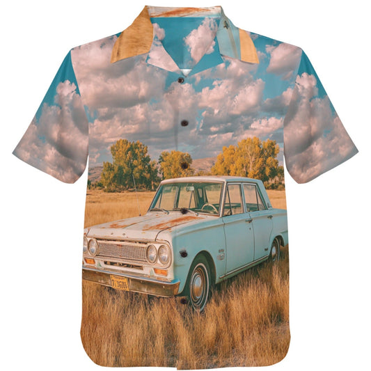 Shirt with a vintage car and landscape print on a white background