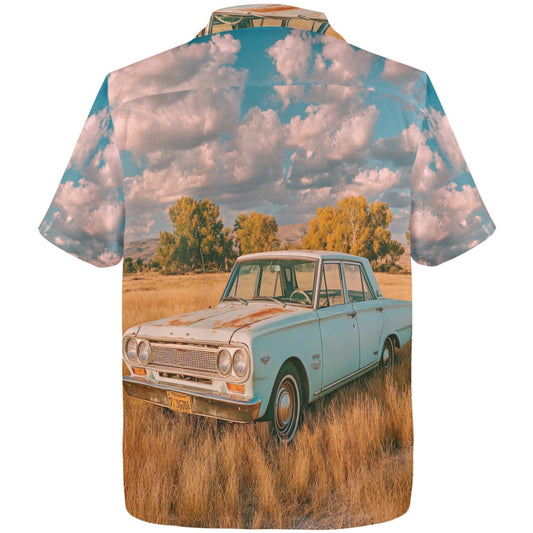 Shirt with a vintage car and landscape print on a white background