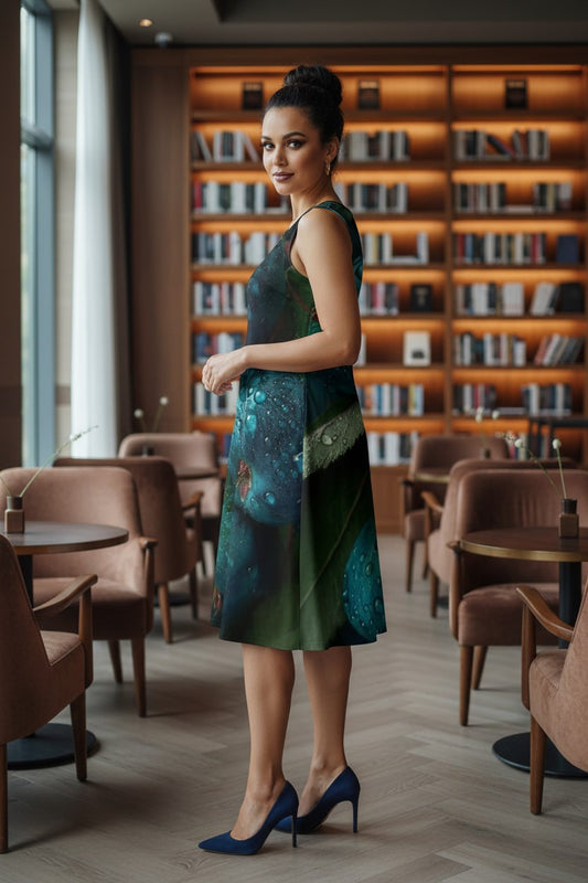 Woman in a green dress standing in a modern cafe with bookshelves in the background