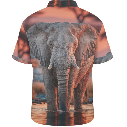 Shirt with an elephant design on the back, featuring a sunset and water landscape.