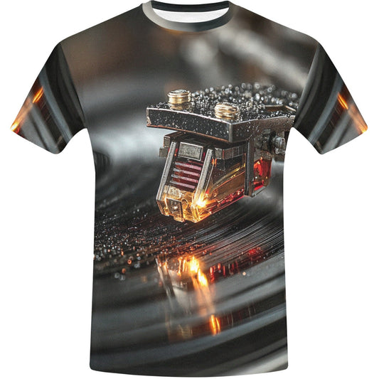 T-shirt with a detailed record design on a white background