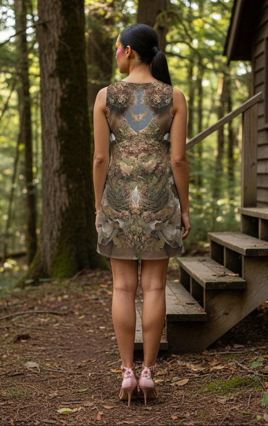 Woman in a floral romper standing in a forest with a wooden cabin.