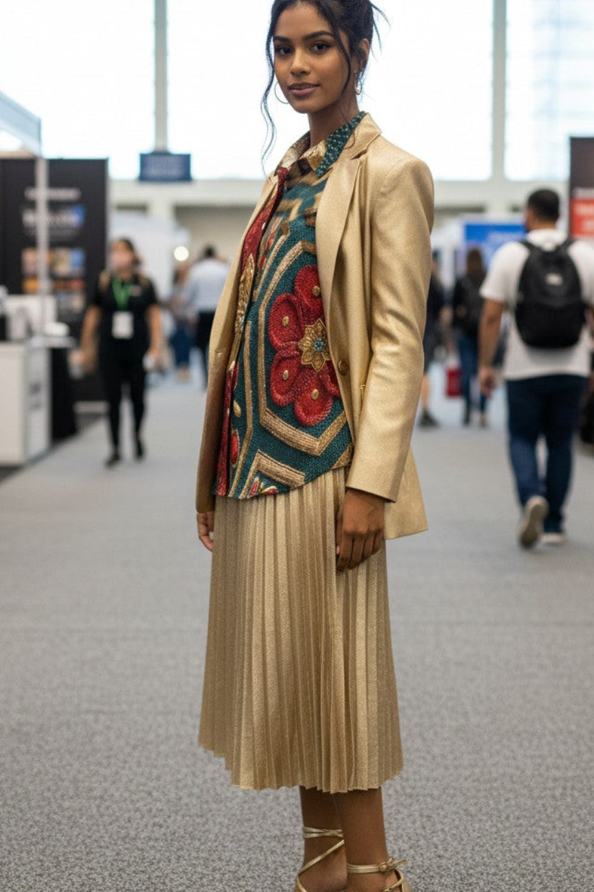 Woman in a beige blazer with floral pattern and pleated skirt standing in a convention center.