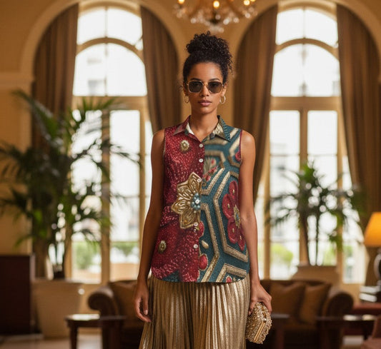 Woman in a colorful sleeveless top and gold pleated skirt standing in a luxurious room with large windows.