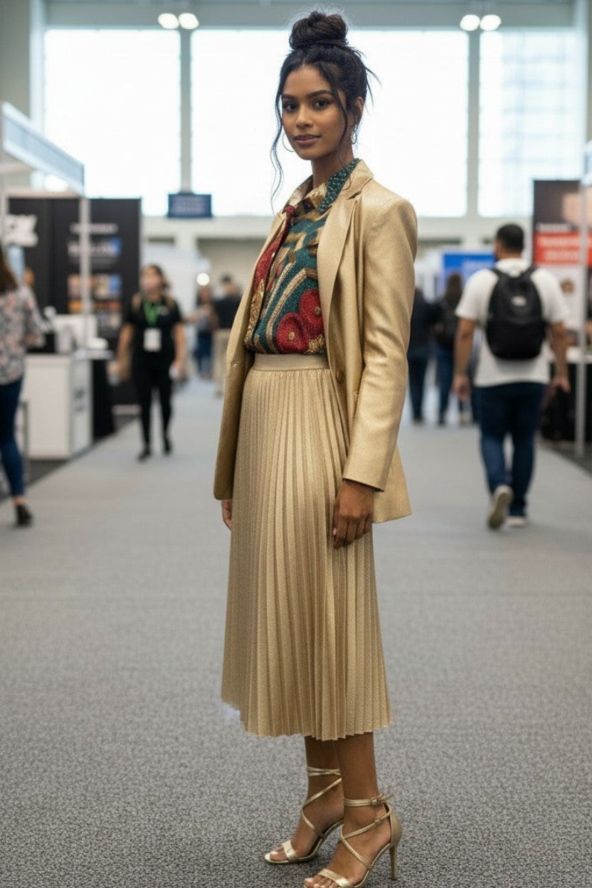 Woman in beige coat and pleated skirt standing in a conference center.