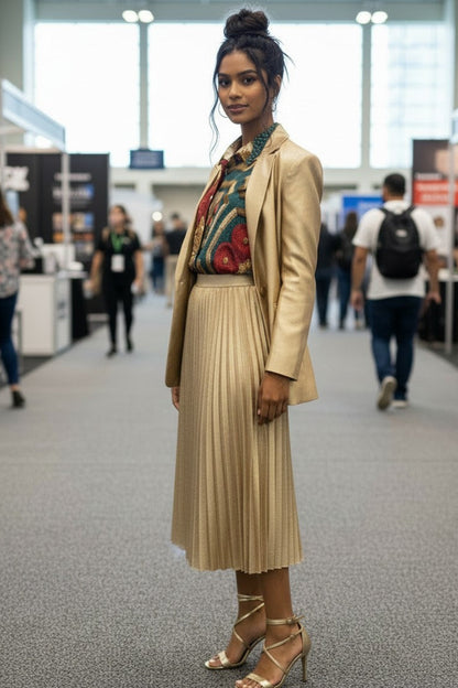 Woman in beige coat and pleated skirt standing in a conference center.