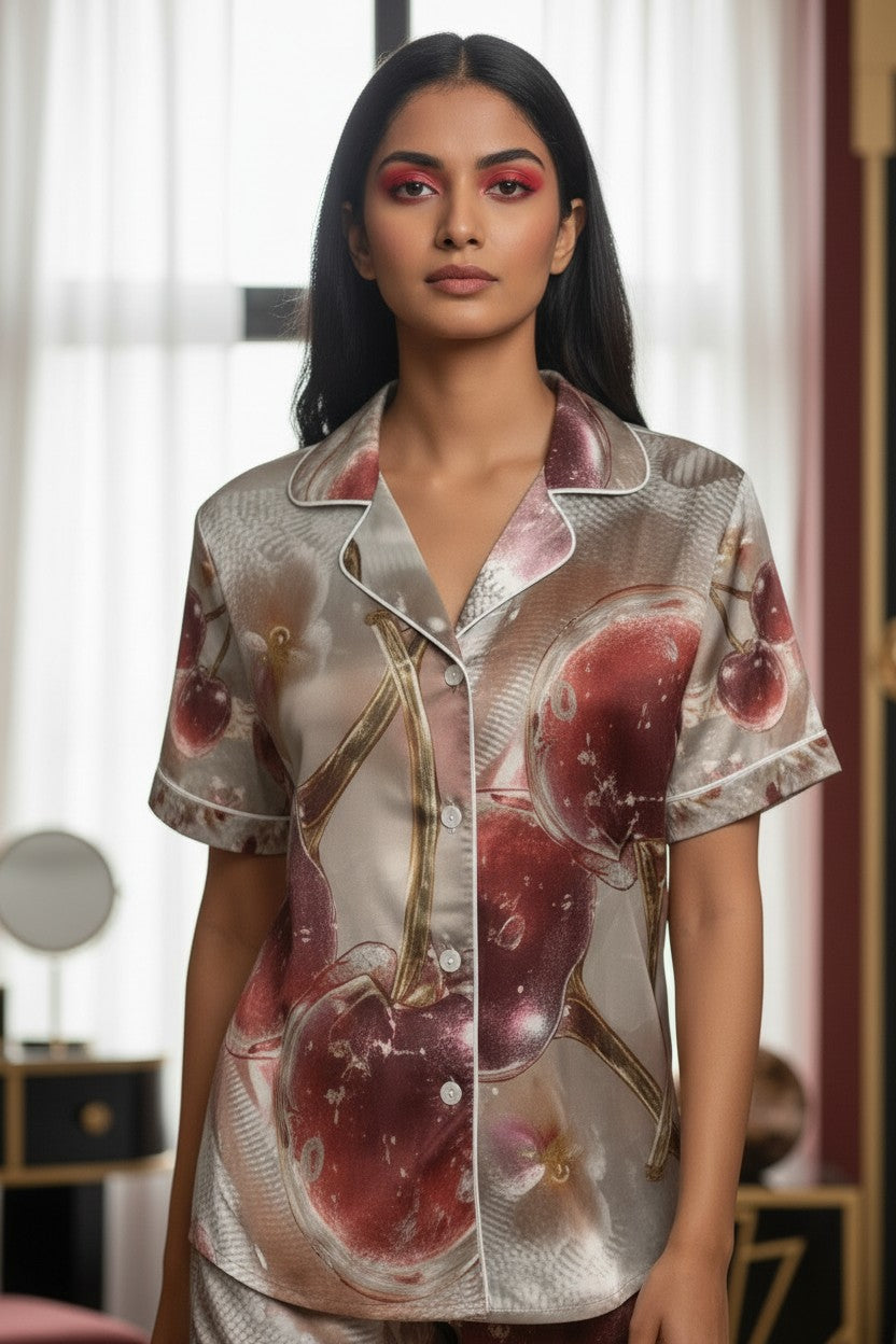 Woman wearing a shirt with cherry pattern in a blurred indoor setting
