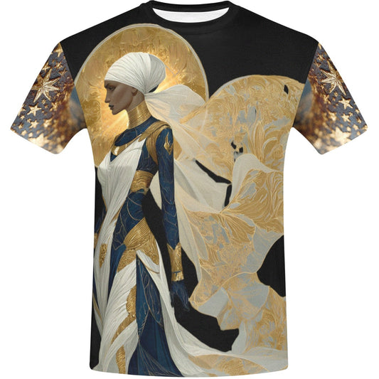 T-shirt with artistic design of a figure with wings on a white background