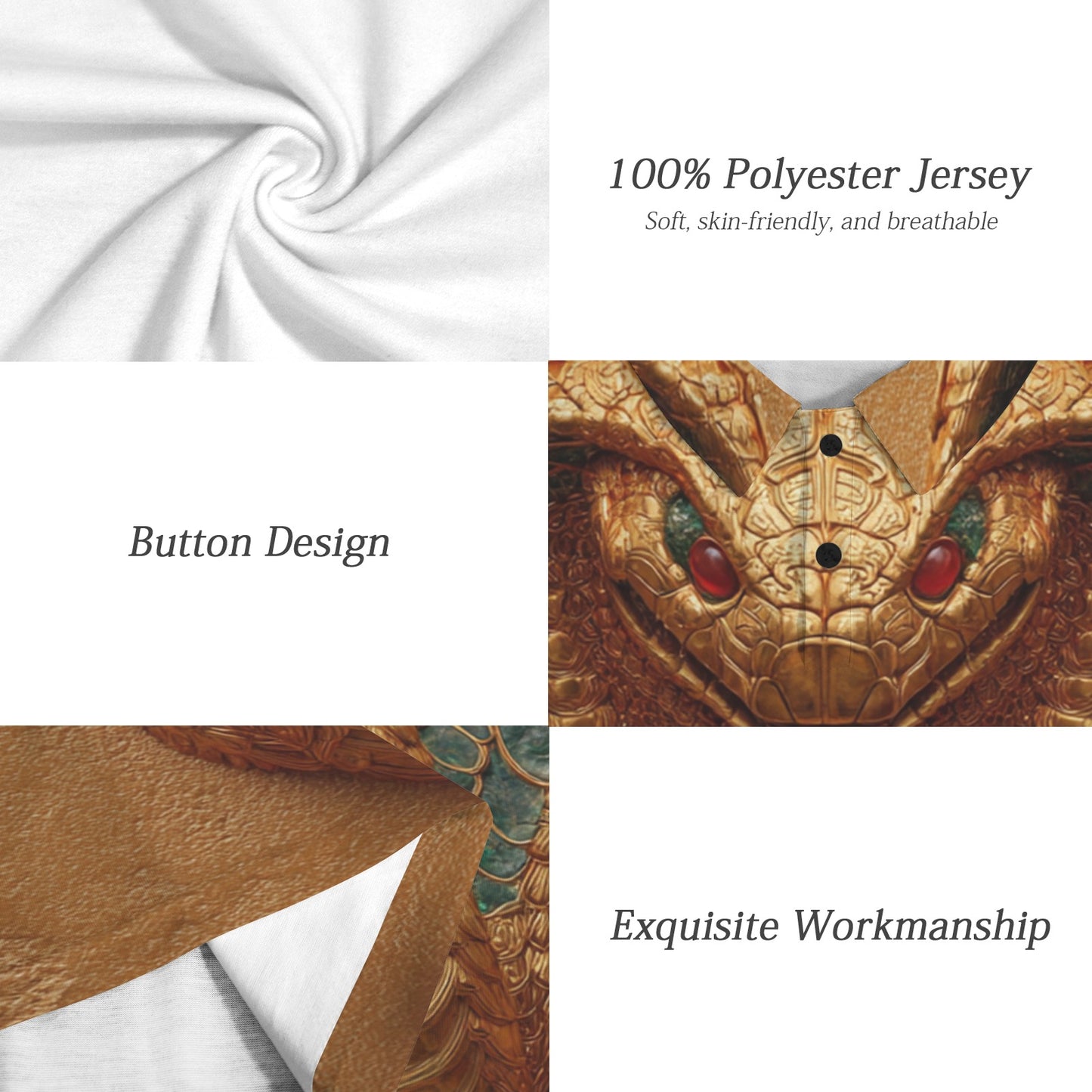 Collage of fabric texture, button design, and dragon head detail with text on 100% polyester jersey.