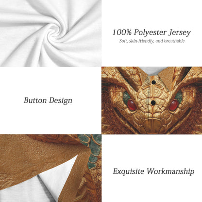 Collage of fabric texture, button design, and dragon head detail with text on 100% polyester jersey.