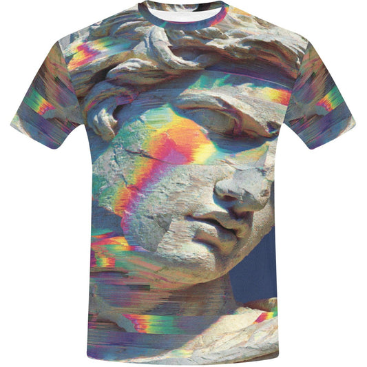 T-shirt with a colorful abstract design on a white background