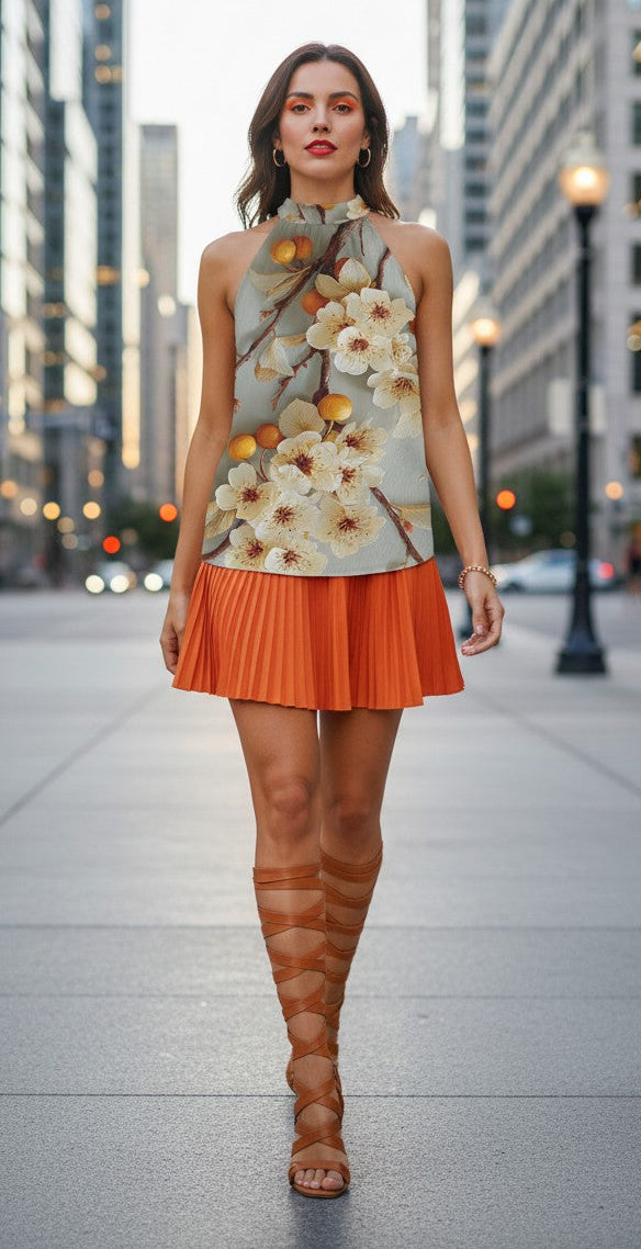 Woman in a floral top and orange pleated skirt walking on a city street.