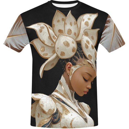 T-shirt with a design of a woman wearing a headpiece and traditional attire on a black background