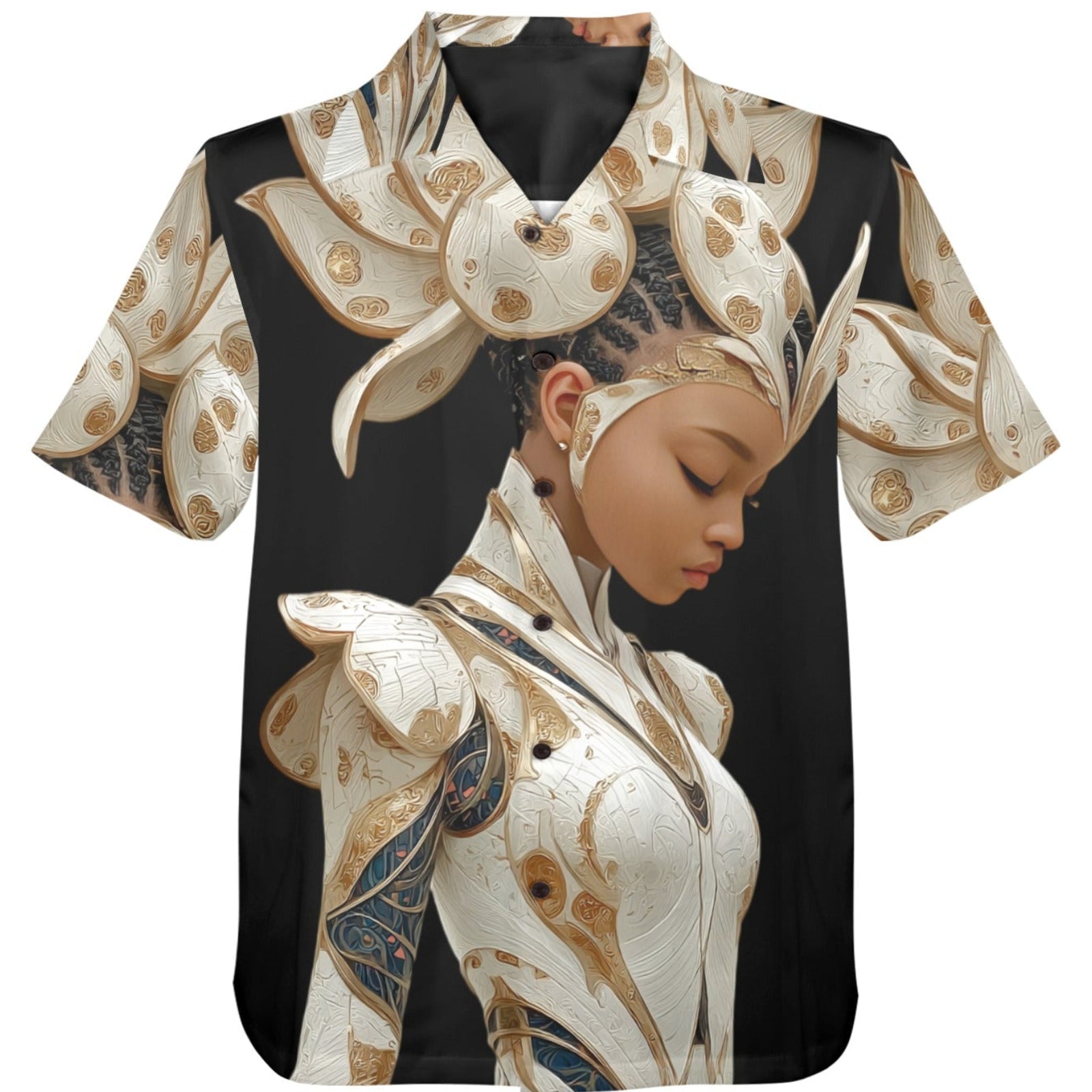 Shirt with a decorative design of a woman's face on a white background