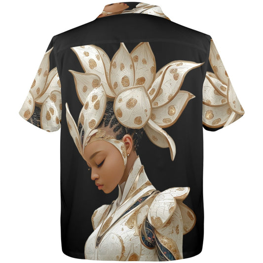 Black shirt with a gold and white floral design on the back