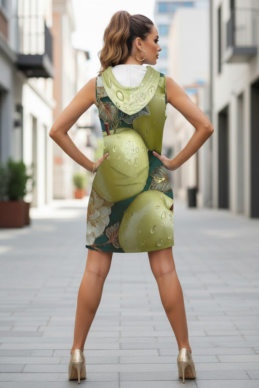 Woman wearing a unique dress with green fruit pattern on a city street.