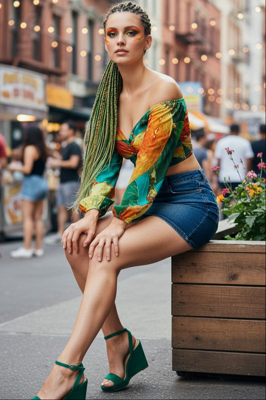 Woman in colorful top and denim skirt sitting on a bench in an urban setting