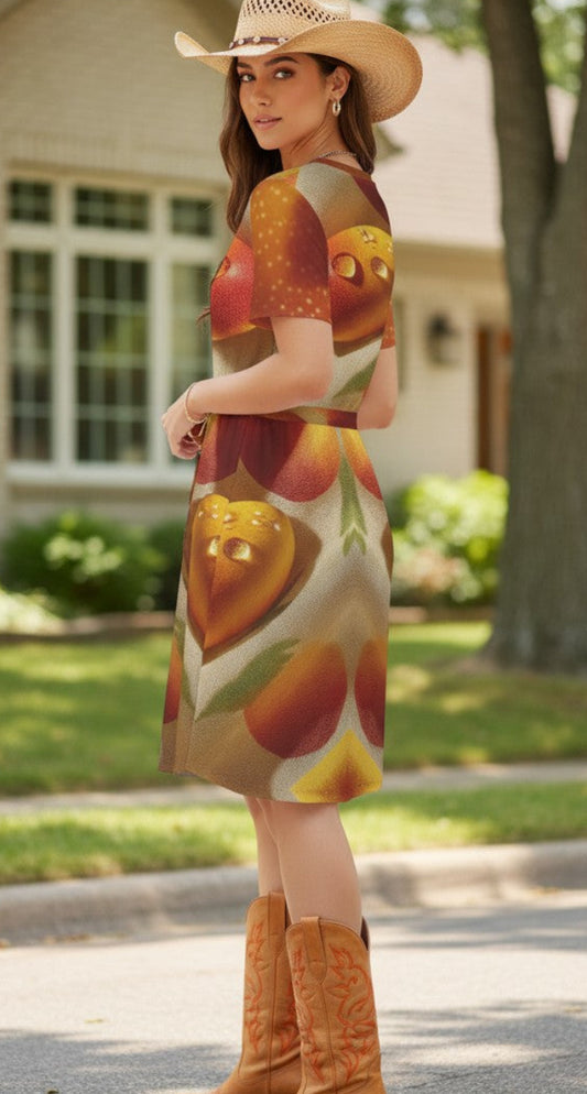 Woman wearing a dress with fruit pattern and cowboy boots standing on a street.