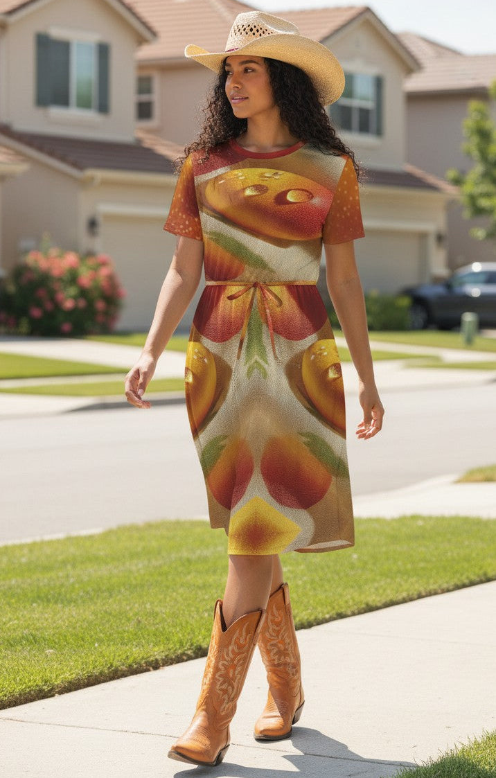 Woman wearing a colorful dress with fruit patterns and cowboy boots walking on a sidewalk.