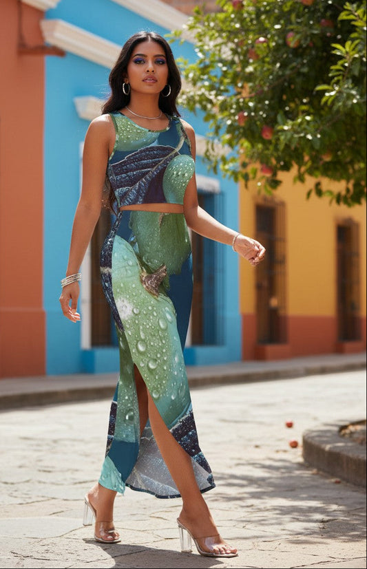 Woman in a colorful dress walking on a street with a blue and orange building in the background.