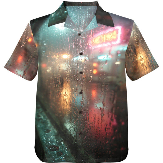 Short-sleeve shirt with a cityscape print on a white background