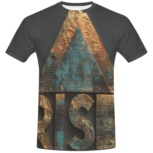 T-shirt with a textured design and 'RISE' text on a white background