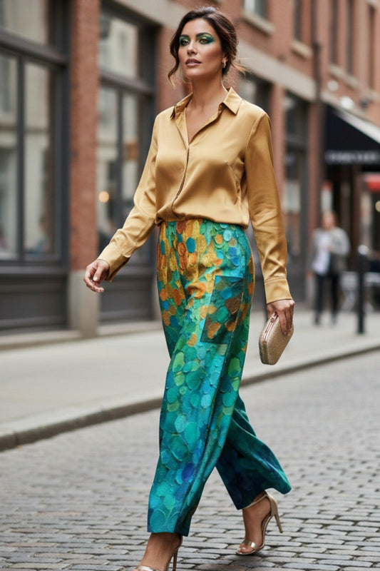 Woman in a yellow blouse and colorful pants walking on a city street.