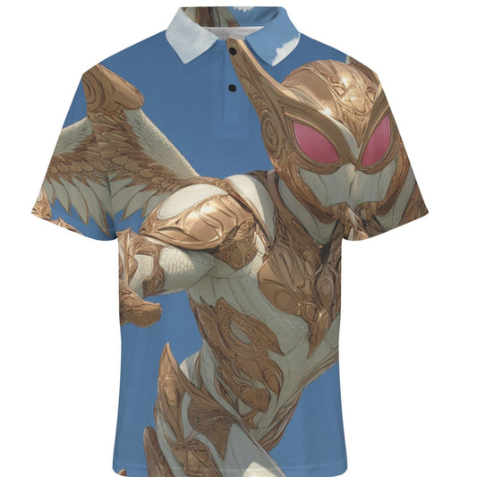 Polo shirt with a fantasy creature design on a blue background
