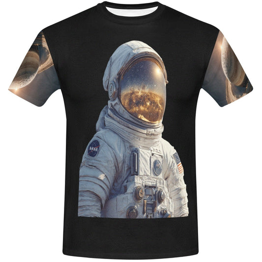 Black t-shirt with an astronaut graphic on a white background