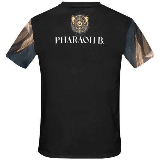 Black t-shirt with 'PHARAOH B.' text and logo on a white background