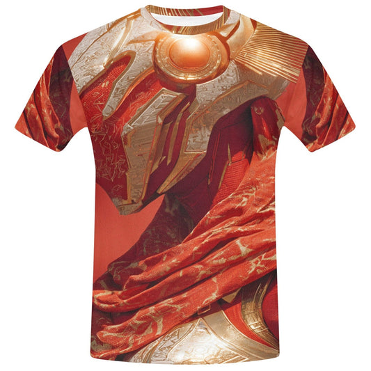 T-shirt with a red and gold abstract design on a white background