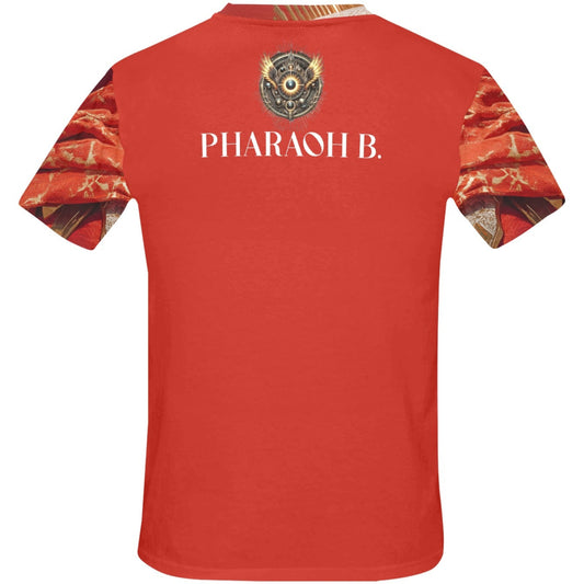 Red t-shirt with 'PHARAOH B.' text on the back against a white background