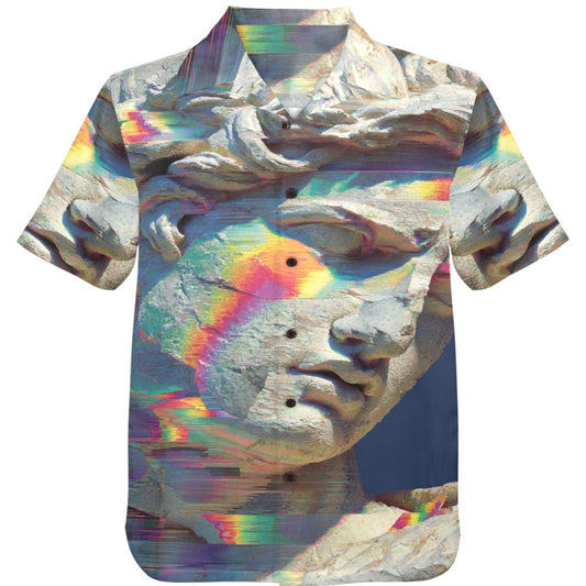 Short-sleeve shirt with a colorful abstract design on a white background