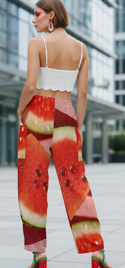 Woman wearing watermelon-themed pants in an urban setting