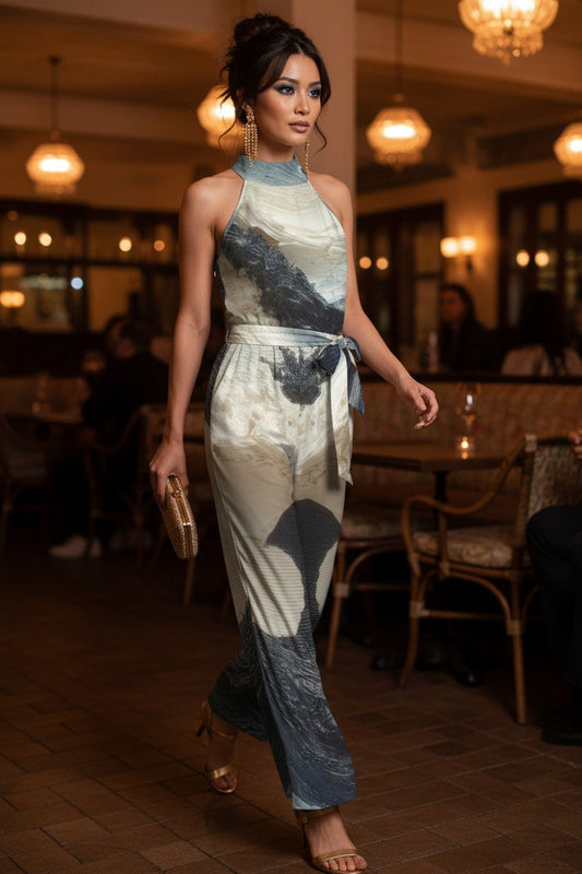 Woman in a patterned jumpsuit walking through an indoor setting with tables and chairs.