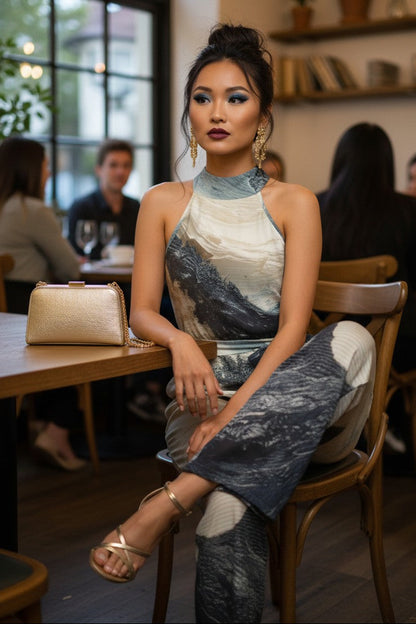 Woman sitting at a table in a restaurant wearing a patterned jumpsuit.